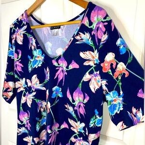 VENUS Colorful Floral Navy Blue Top, Blouse 1X, Iris